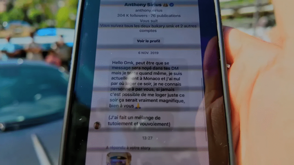 Capture d'écran claire d'un message direct expliquant être à Monaco sans logement