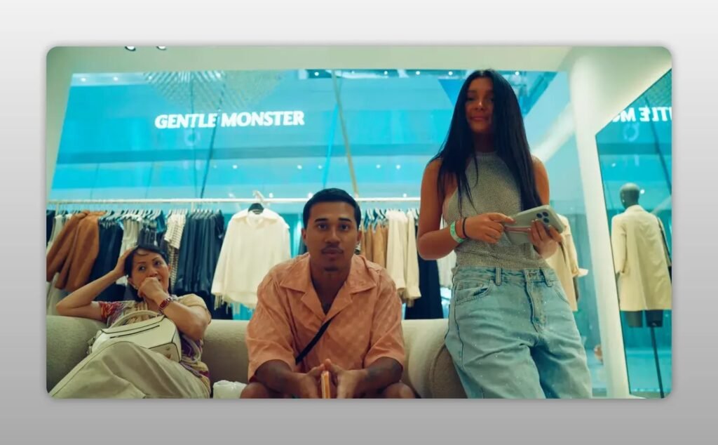 Anthony assis dans une boutique de vêtements avec des portants clairs et une enseigne murale lumineuse